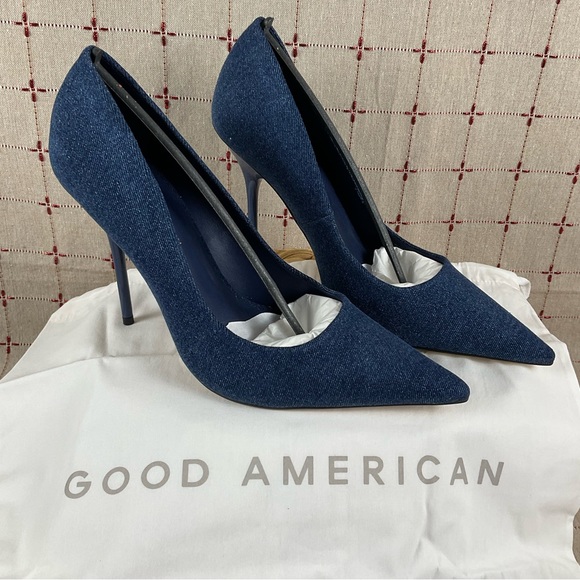 GOOD AMERICAN “Emma” Denim Heel Ultra High Blue Denim Stilettos Sz 10.5 New - Picture 2 of 9
